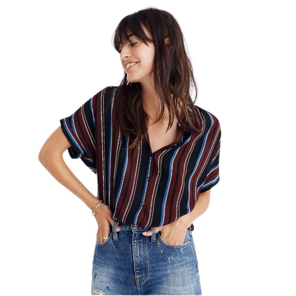 Striped Short-Sleeve Button Front Top in Burgundy and Blue